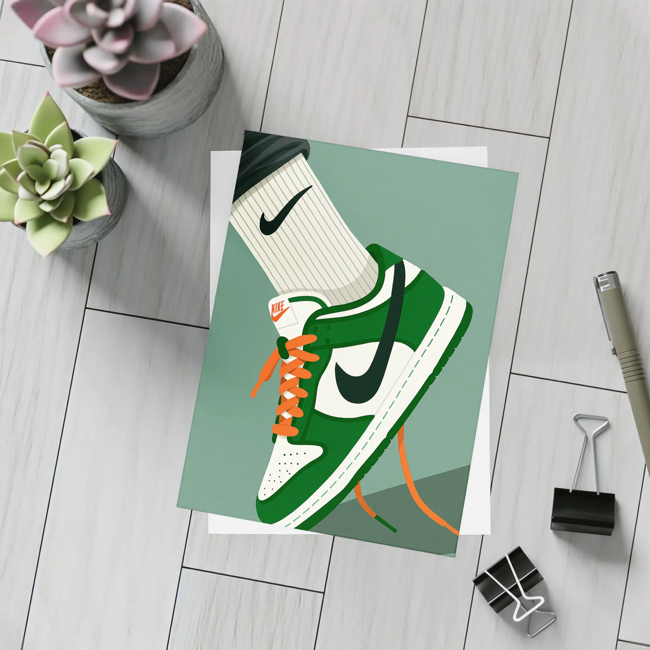 Nike Dunk Low Green Orange Laces Illustration – Postcards