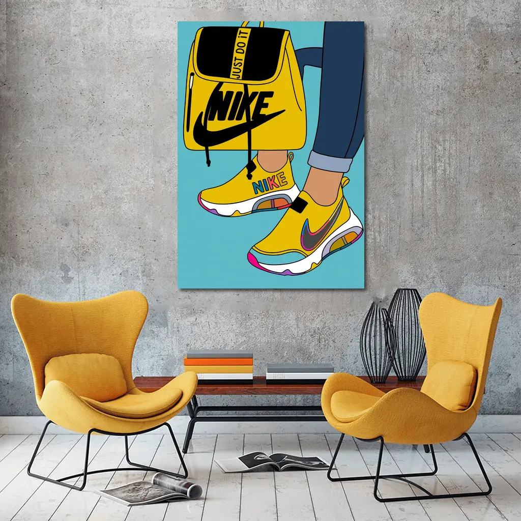 Nike Sneakers and Backpack Cartoon Art – Wall Art