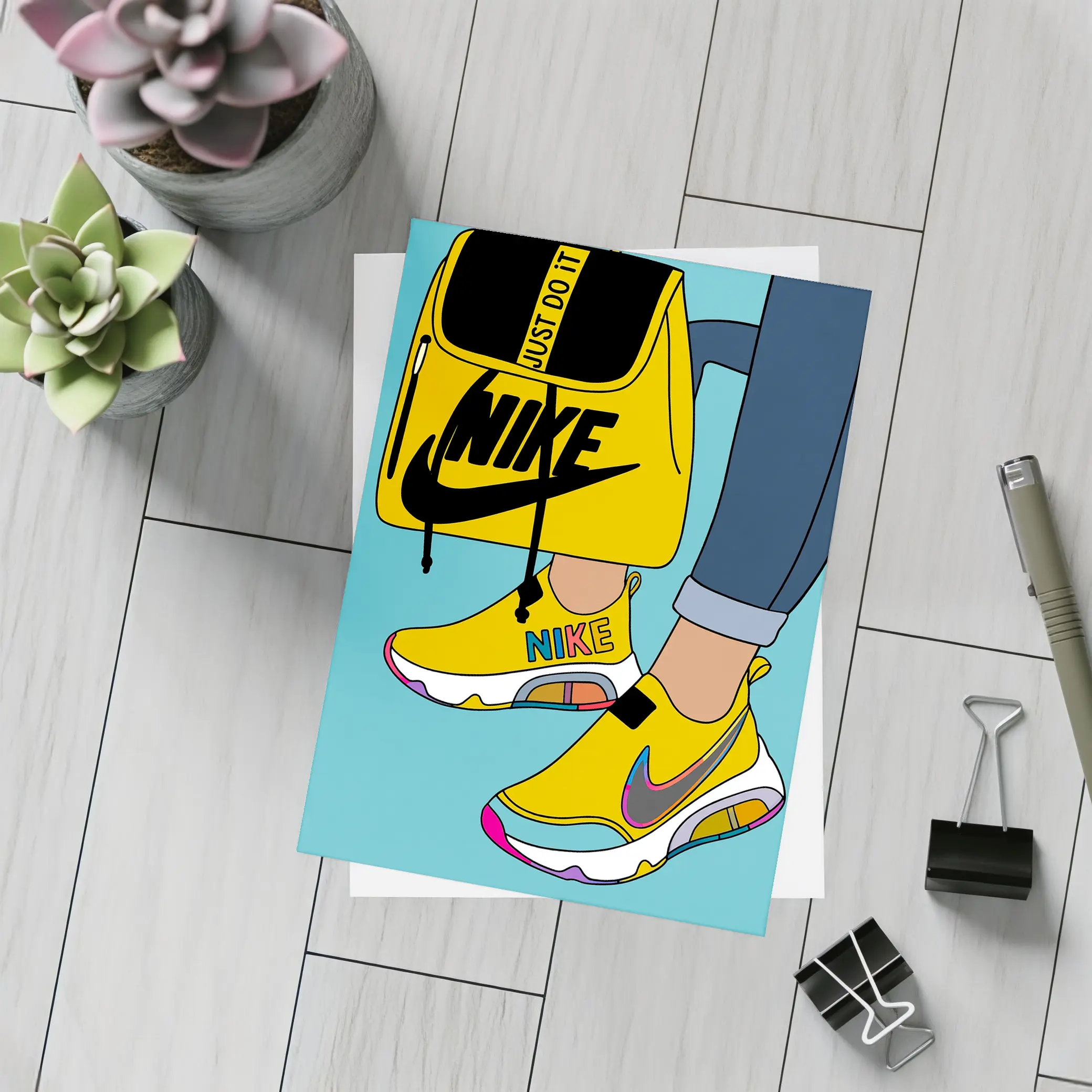Nike Sneakers and Backpack Cartoon Art – Postcards