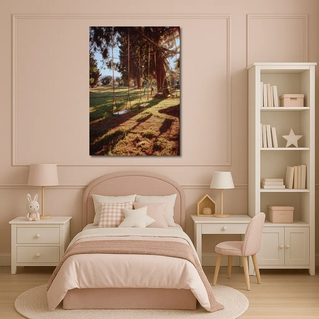 Empty Swings Park Trees Golden Sunlight – Wall Art