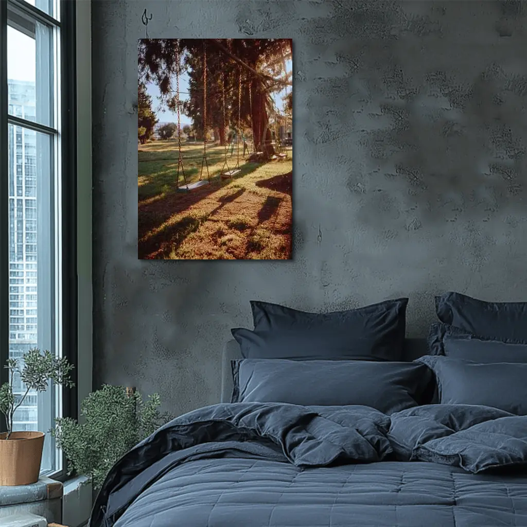 Empty Swings Park Trees Golden Sunlight – Wall Art