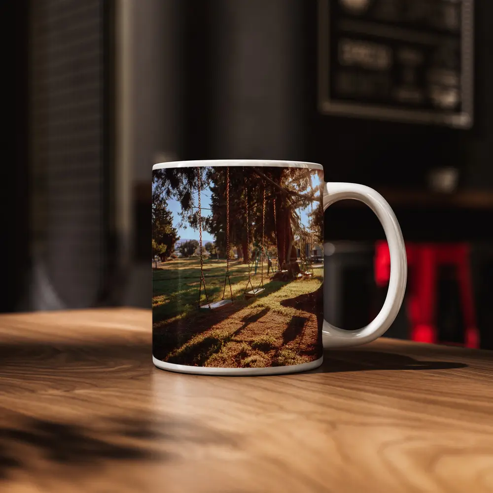 Empty Swings Park Trees Golden Sunlight – Mugs