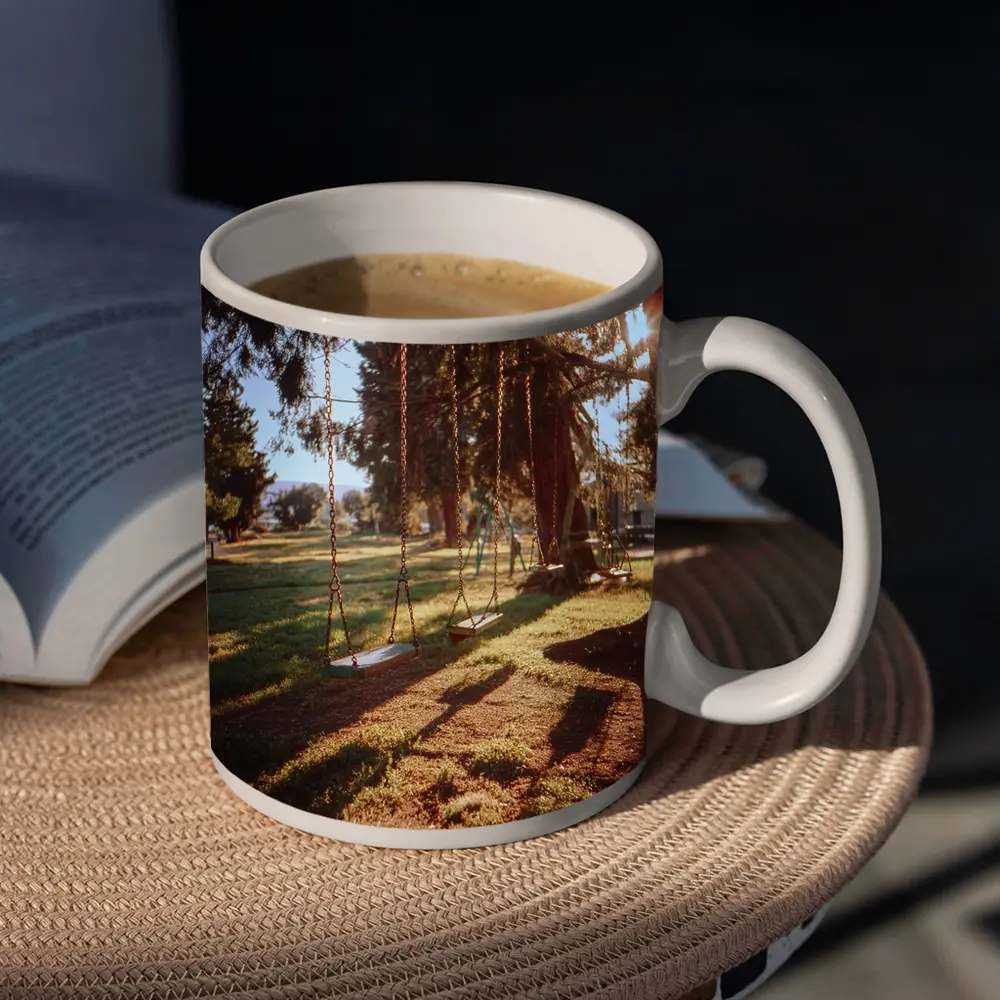 Empty Swings Park Trees Golden Sunlight – Mugs