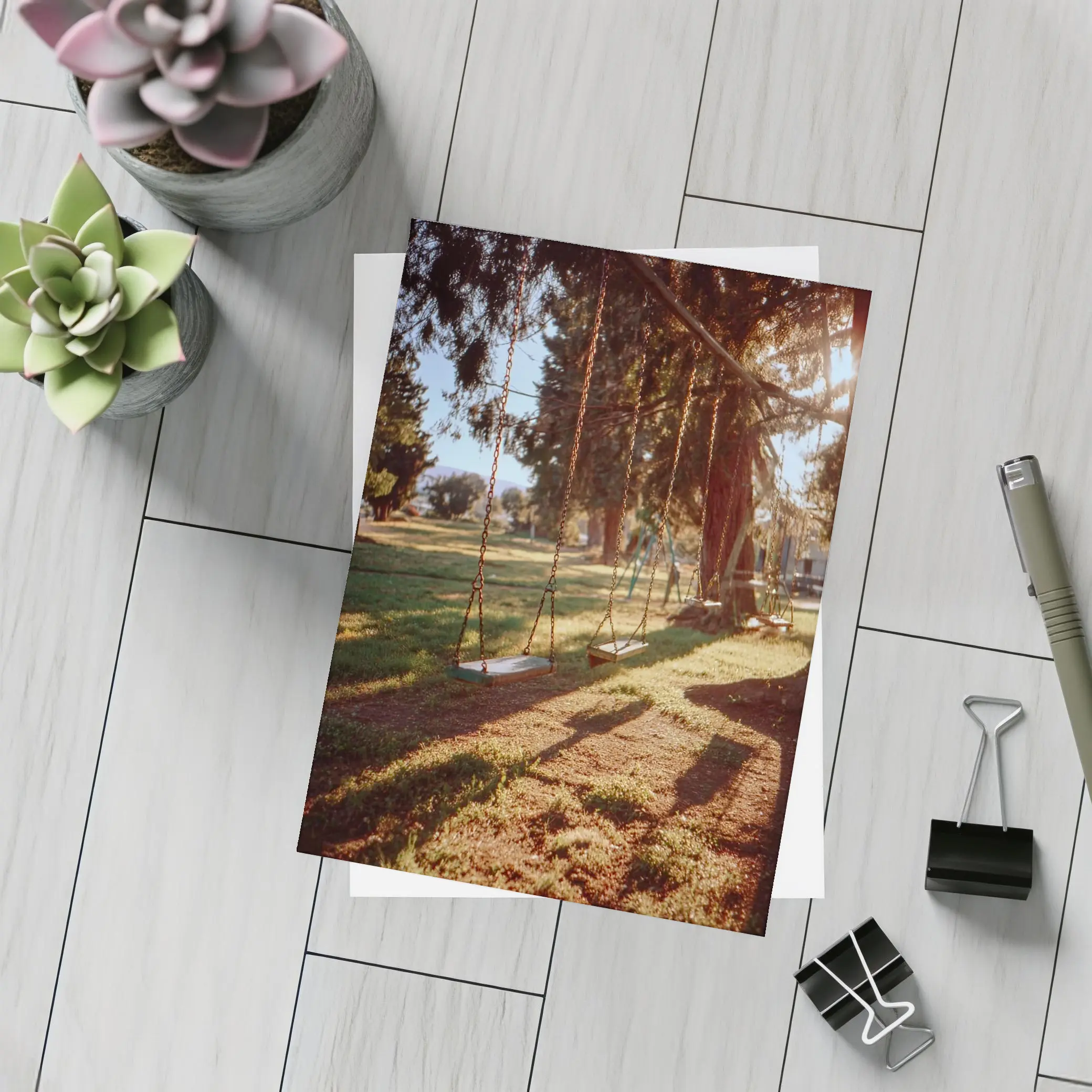 Empty Swings Park Trees Golden Sunlight – Postcards