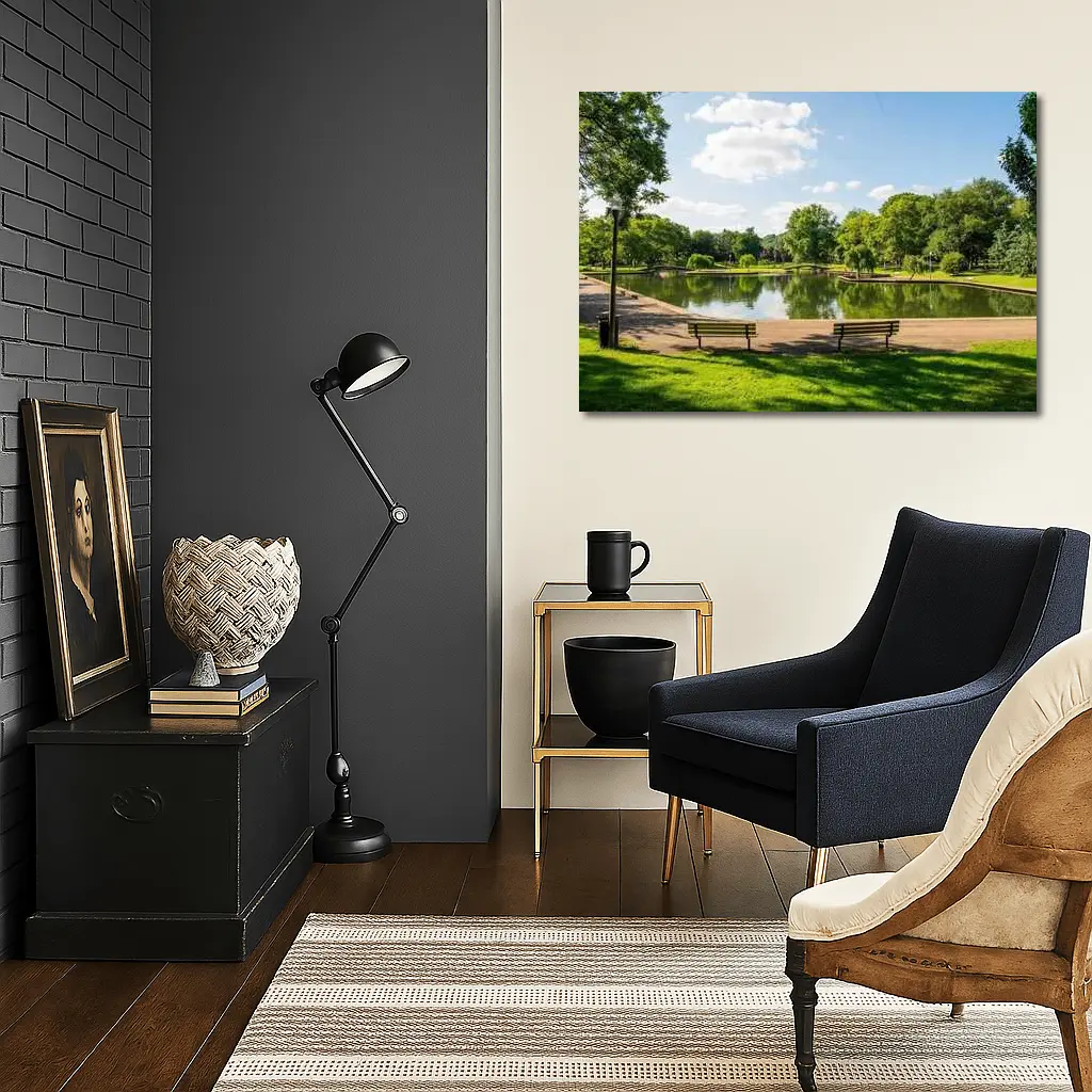 Sunny Park Pond With Green Trees – Wall Art