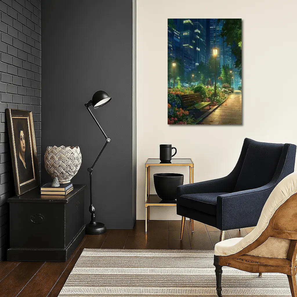 Anime City Park Bench Night Scene – Wall Art