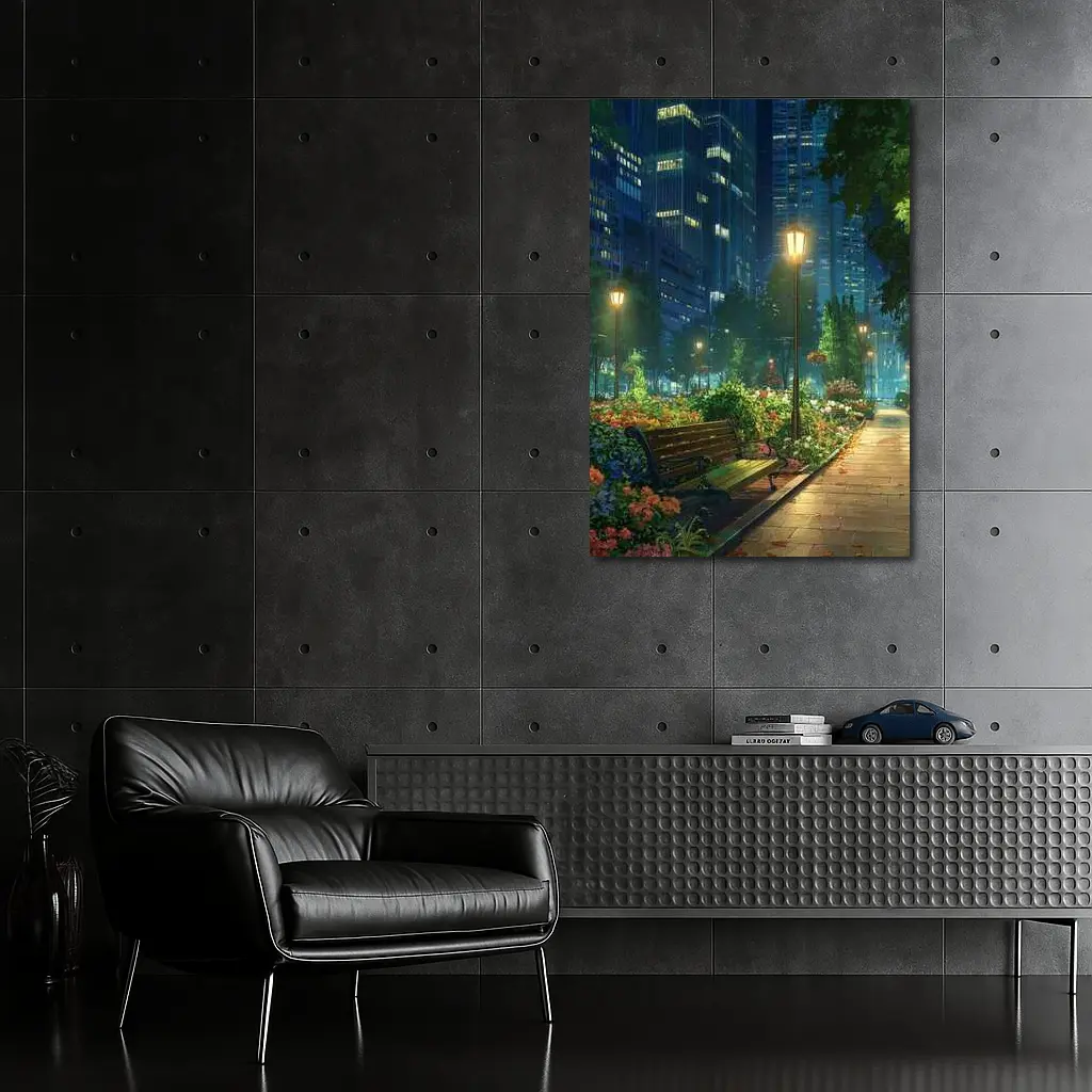 Anime City Park Bench Night Scene – Wall Art