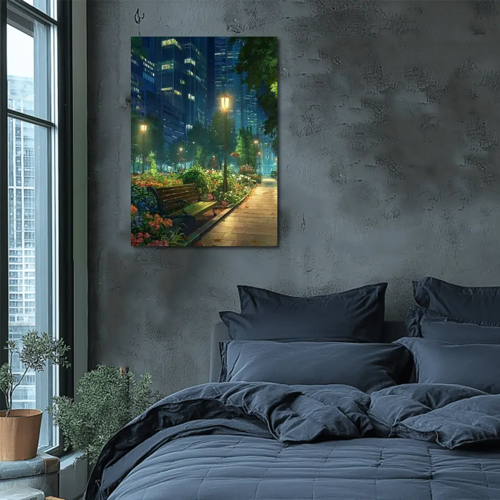 Anime City Park Bench Night Scene – Wall Art