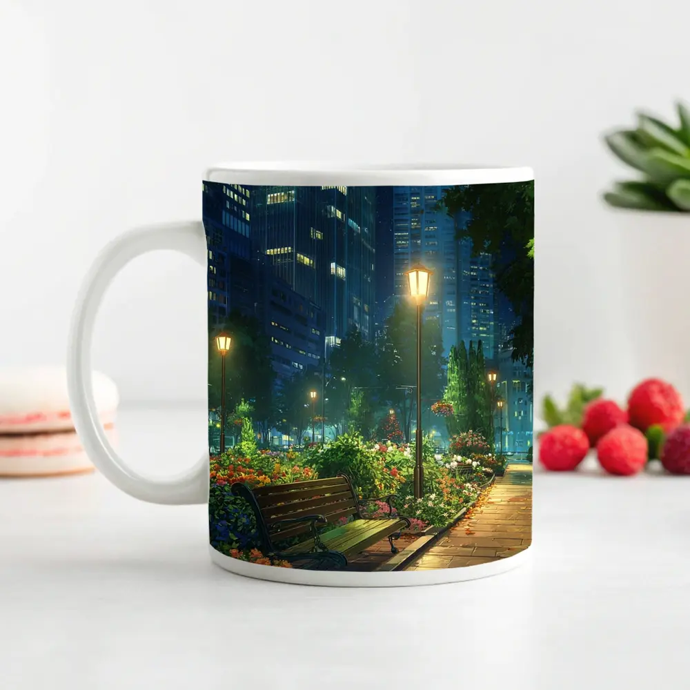 Anime City Park Bench Night Scene – Mugs