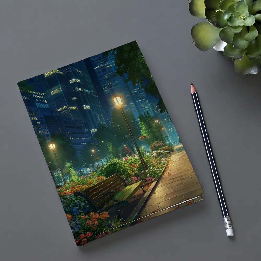 Anime City Park Bench Night Scene – Notebooks