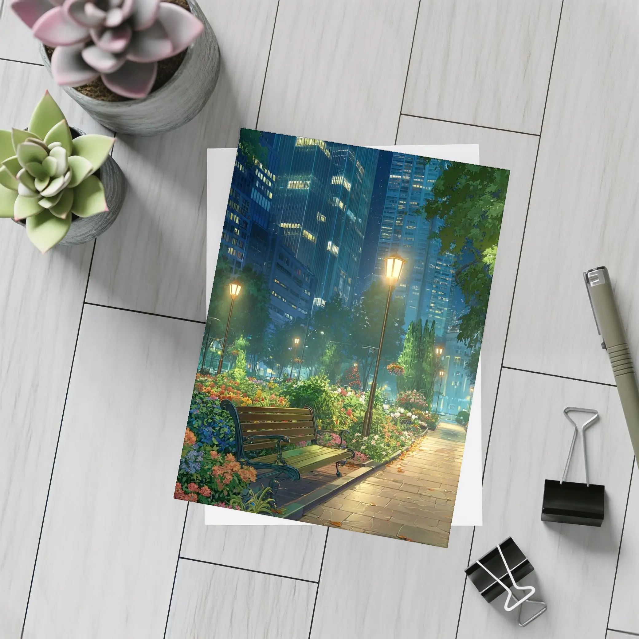 Anime City Park Bench Night Scene – Postcards