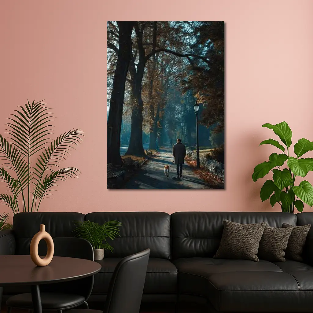 Man Walking Dog Autumn Park Alley – Wall Art