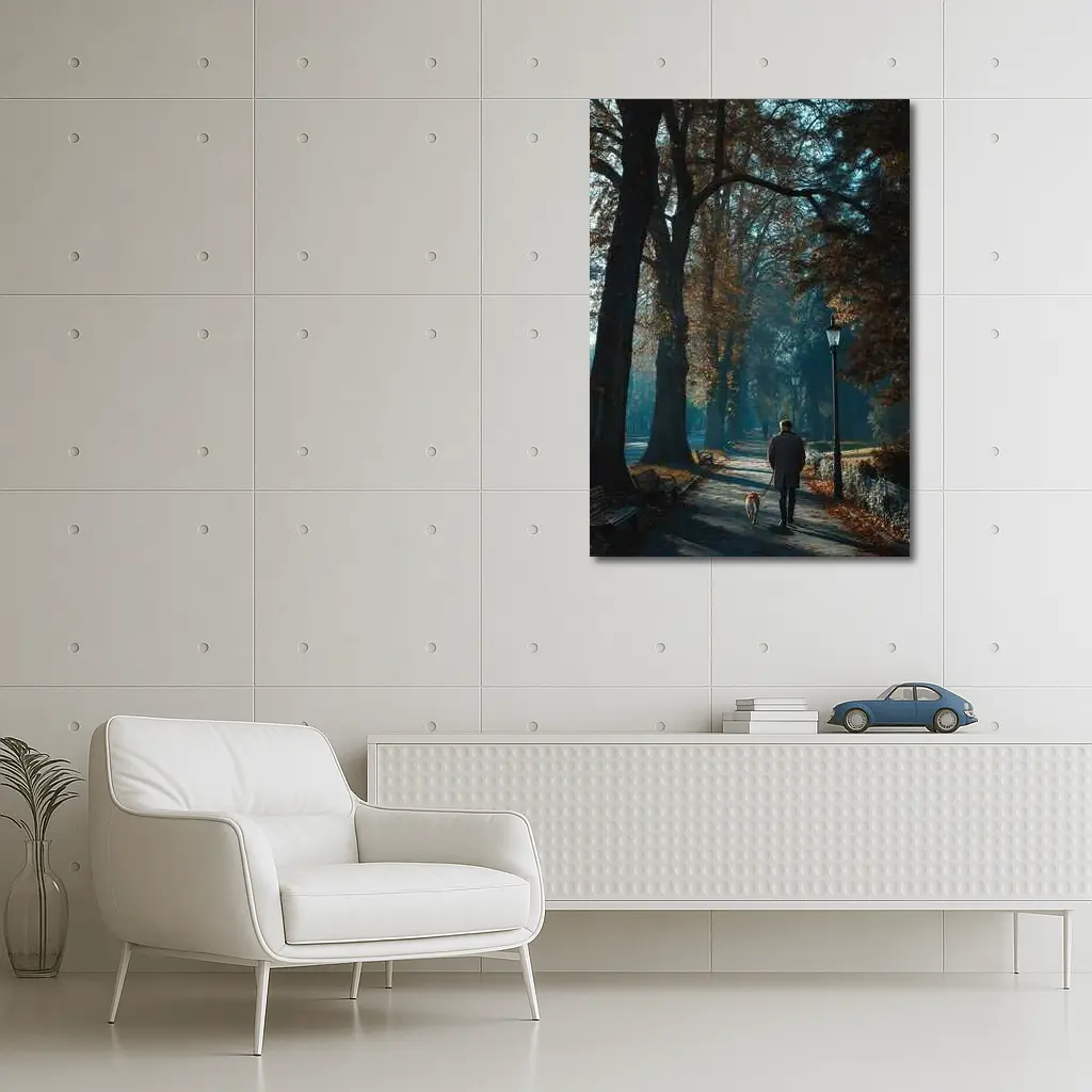 Man Walking Dog Autumn Park Alley – Wall Art