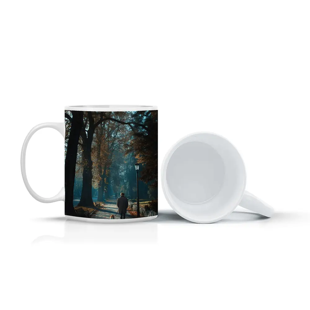 Man Walking Dog Autumn Park Alley – Mugs