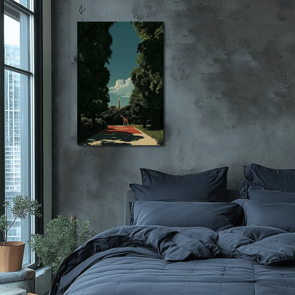 Giraffe Standing on Tree Lined Path – Wall Art