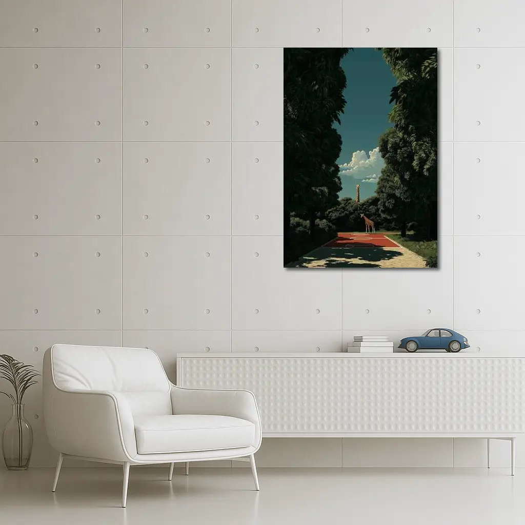 Giraffe Standing on Tree Lined Path – Wall Art