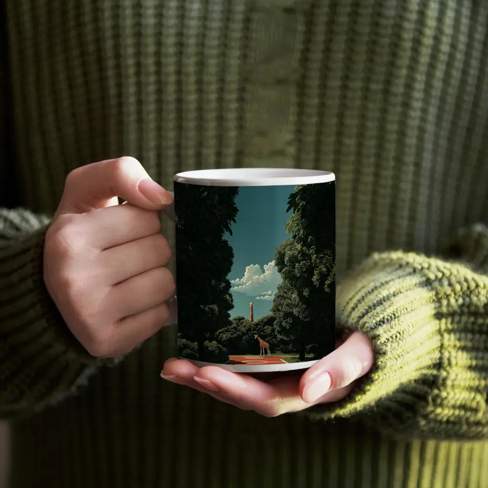 Giraffe Standing on Tree Lined Path – Mugs