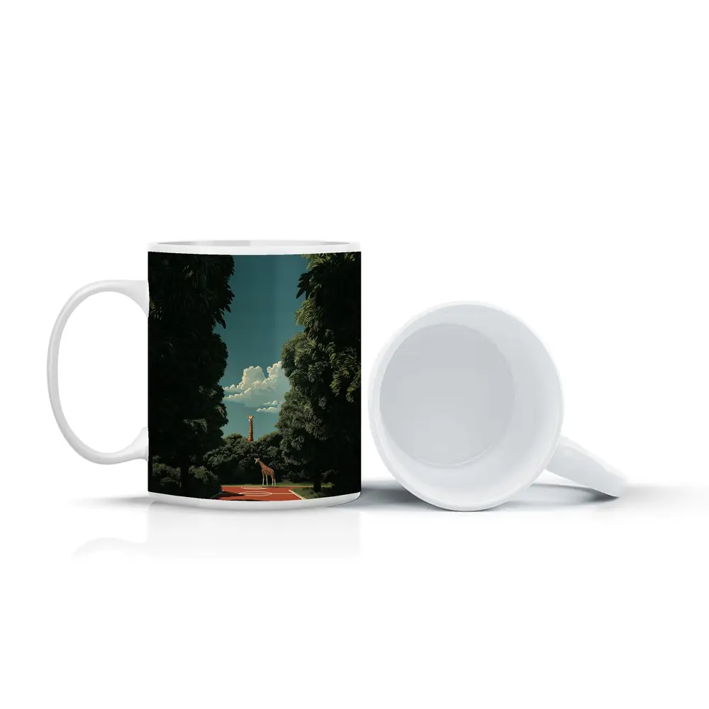Giraffe Standing on Tree Lined Path – Mugs