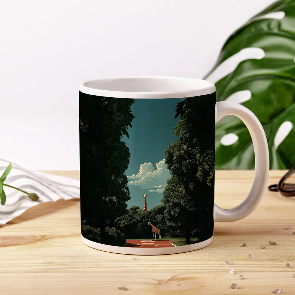 Giraffe Standing on Tree Lined Path – Mugs