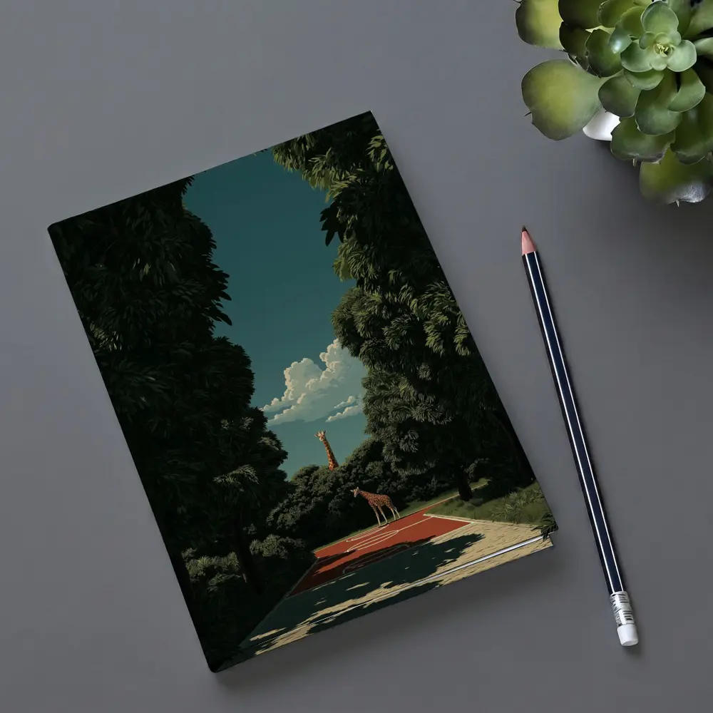 Giraffe Standing on Tree Lined Path – Notebooks
