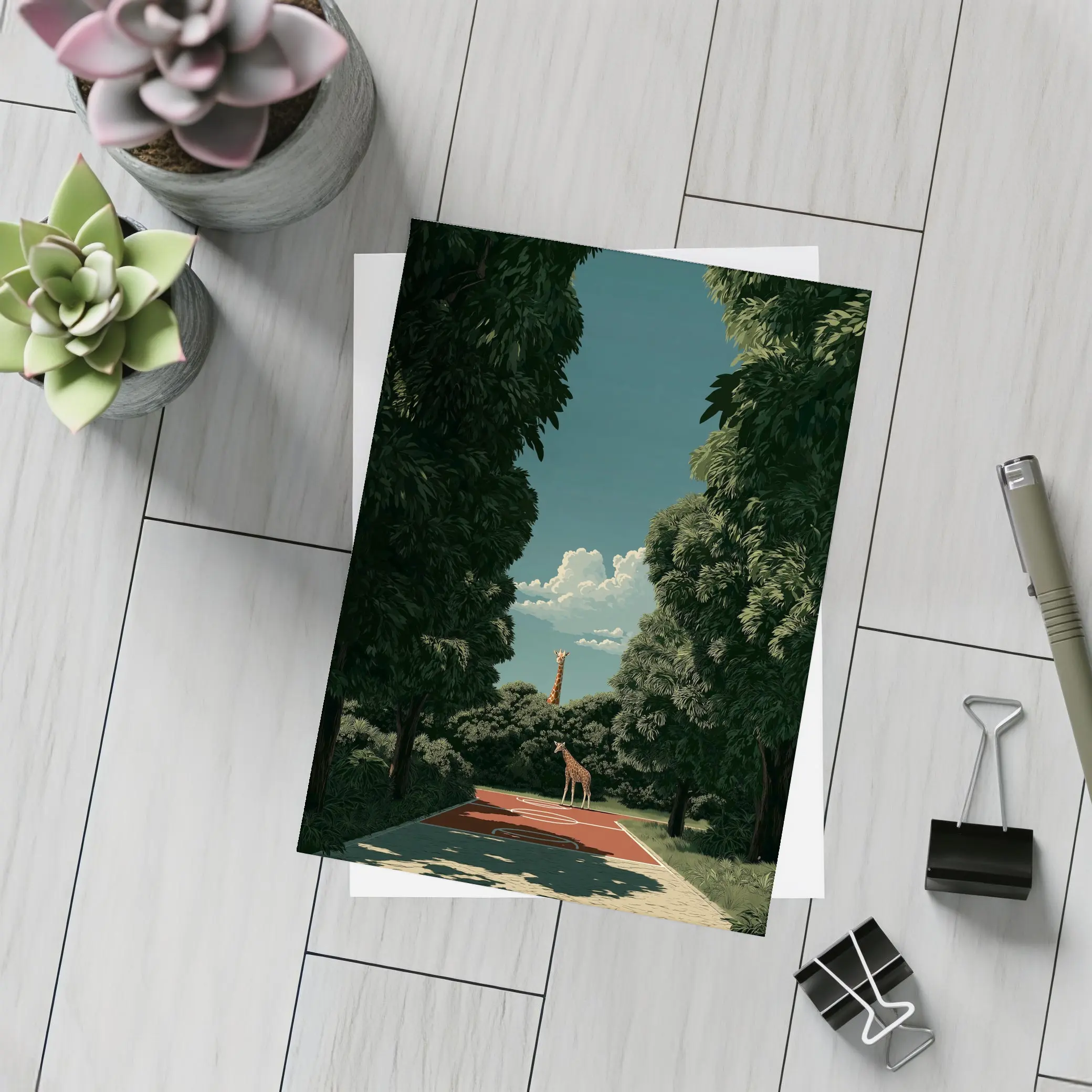 Giraffe Standing on Tree Lined Path – Postcards