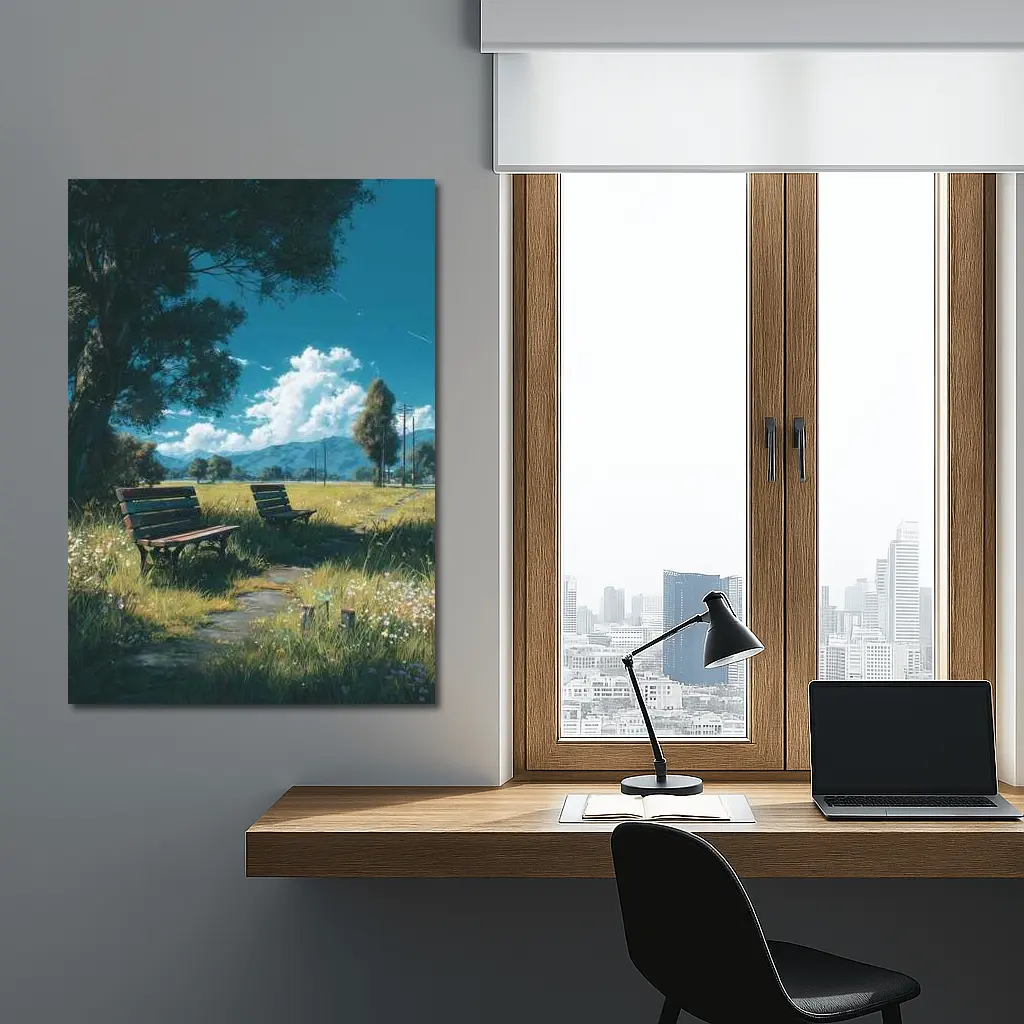 Anime Park Benches Meadow Mountains Sky – Wall Art