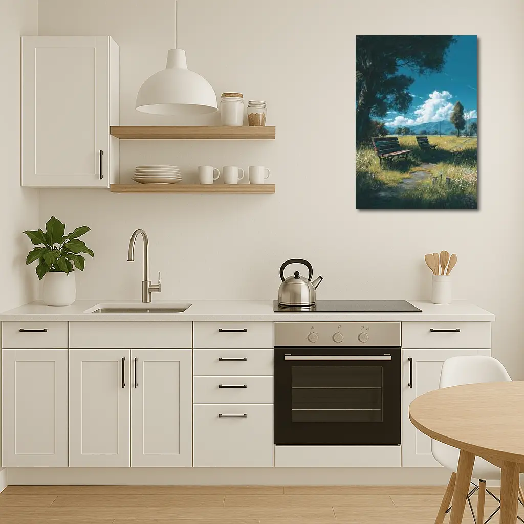 Anime Park Benches Meadow Mountains Sky – Wall Art