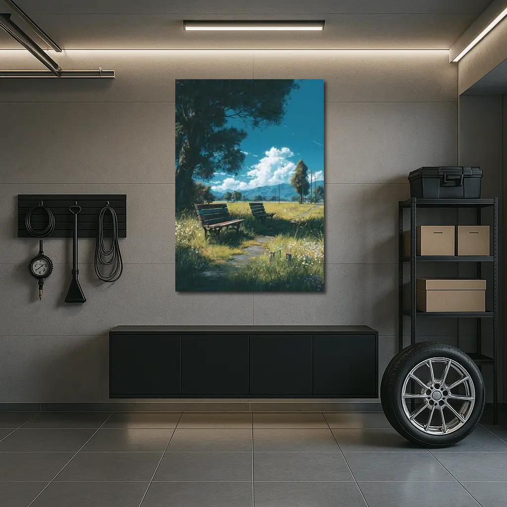 Anime Park Benches Meadow Mountains Sky – Wall Art