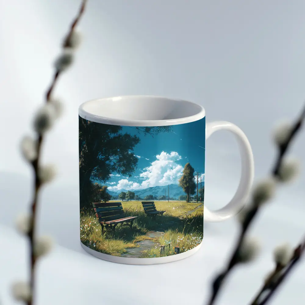 Anime Park Benches Meadow Mountains Sky – Mugs