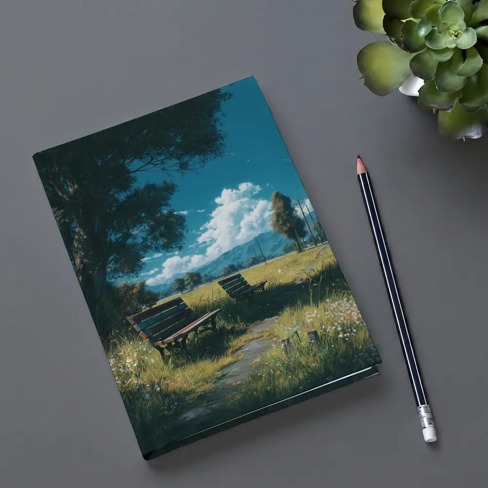 Anime Park Benches Meadow Mountains Sky – Notebooks