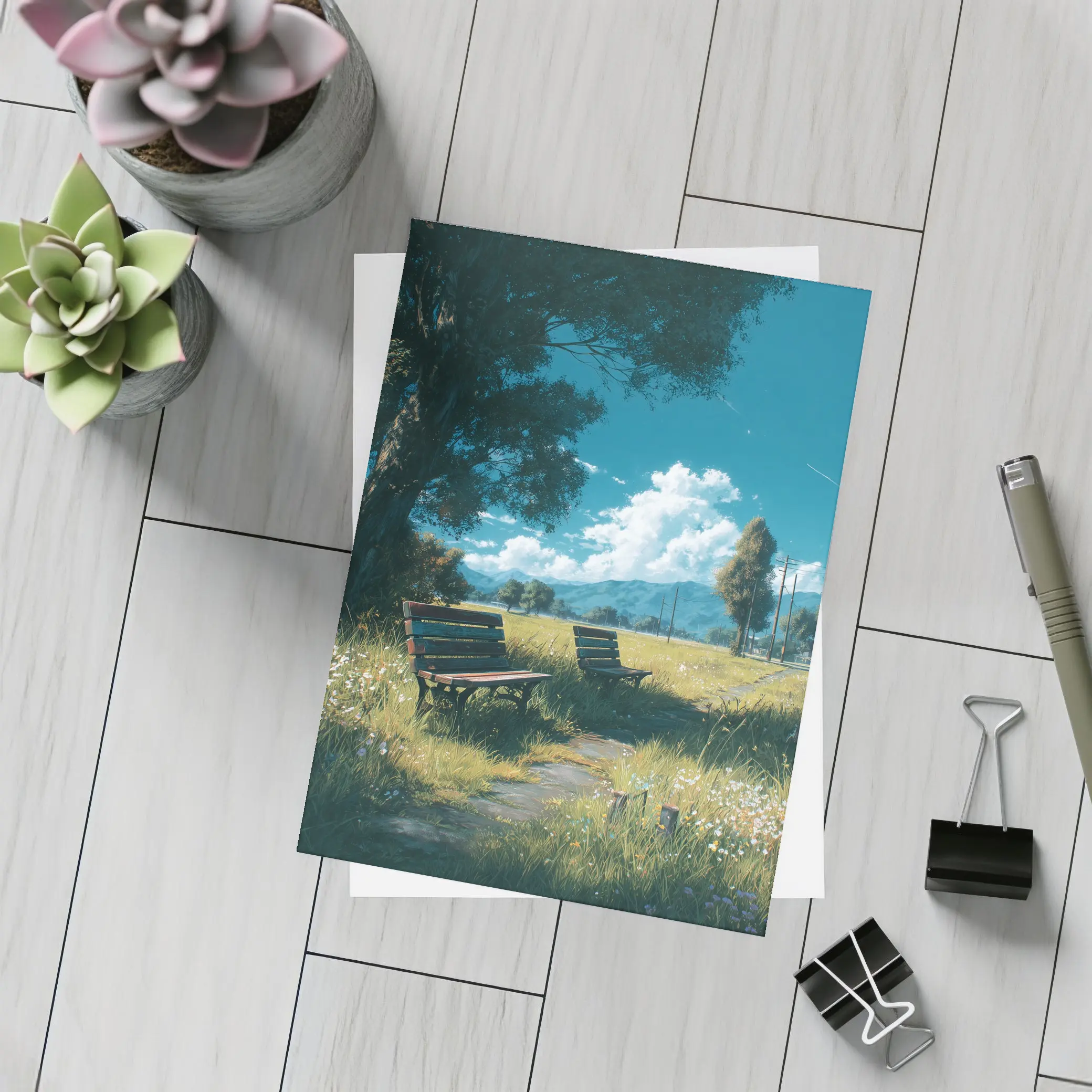 Anime Park Benches Meadow Mountains Sky – Postcards