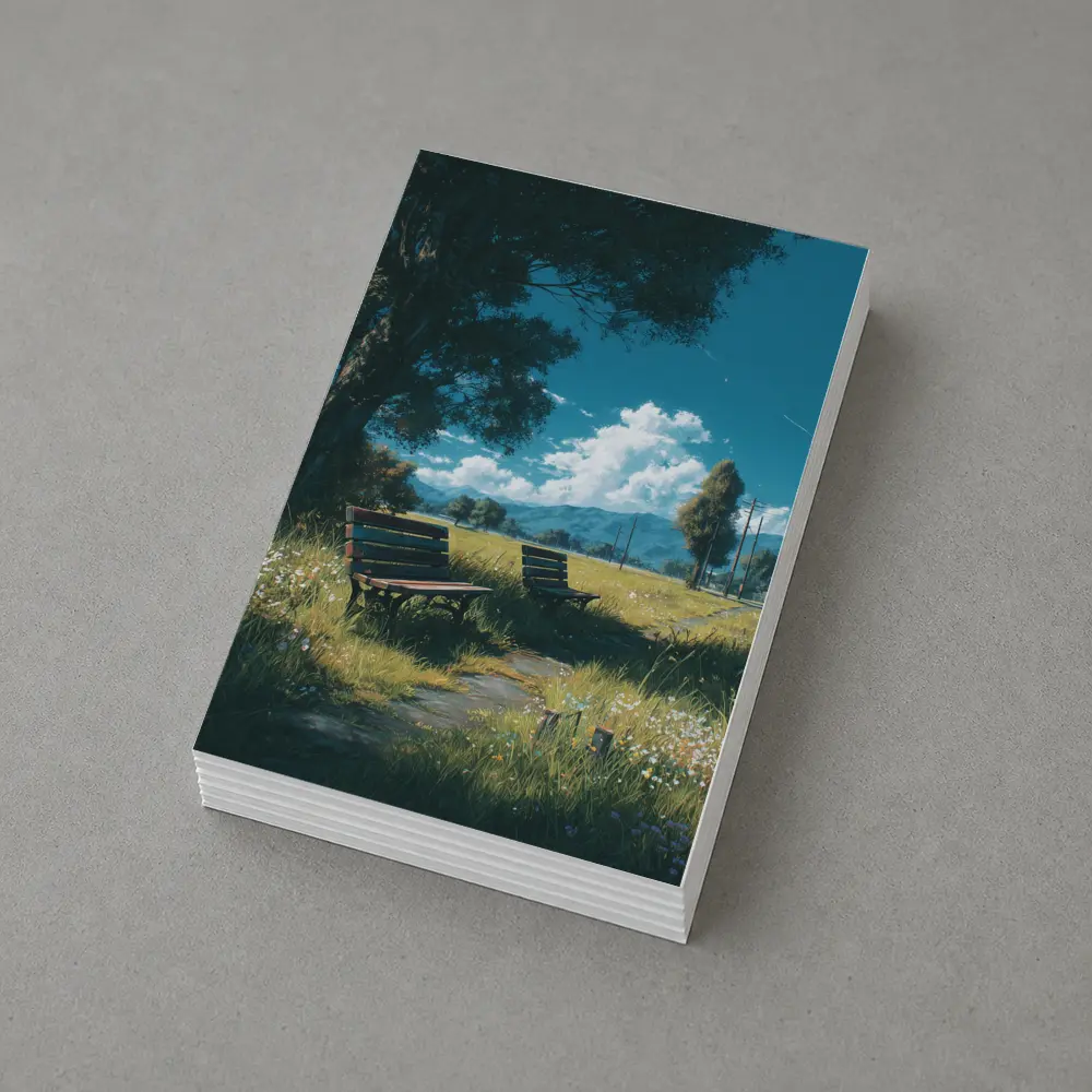 Anime Park Benches Meadow Mountains Sky – Postcards
