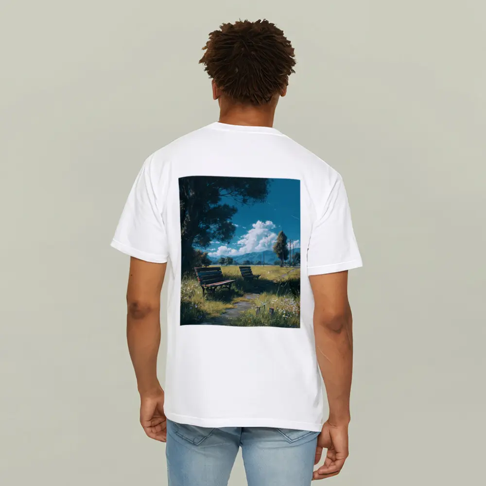 Anime Park Benches Meadow Mountains Sky – T-Shirts