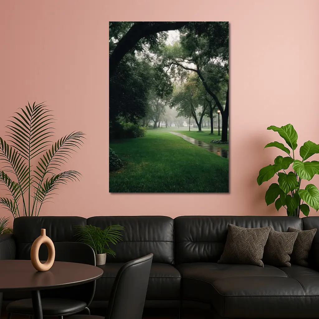 Rainy Park Path Through Green Trees – Wall Art
