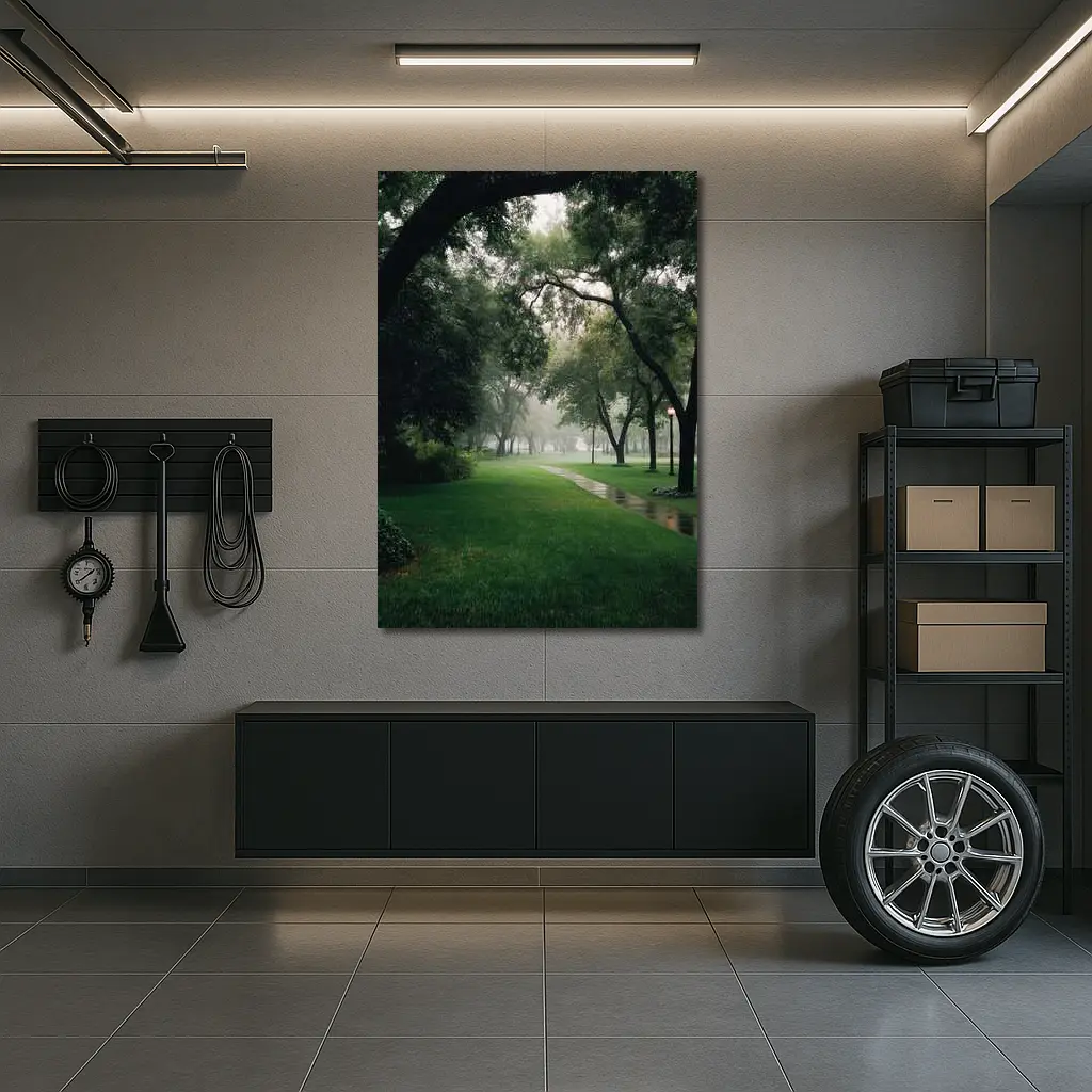 Rainy Park Path Through Green Trees – Wall Art