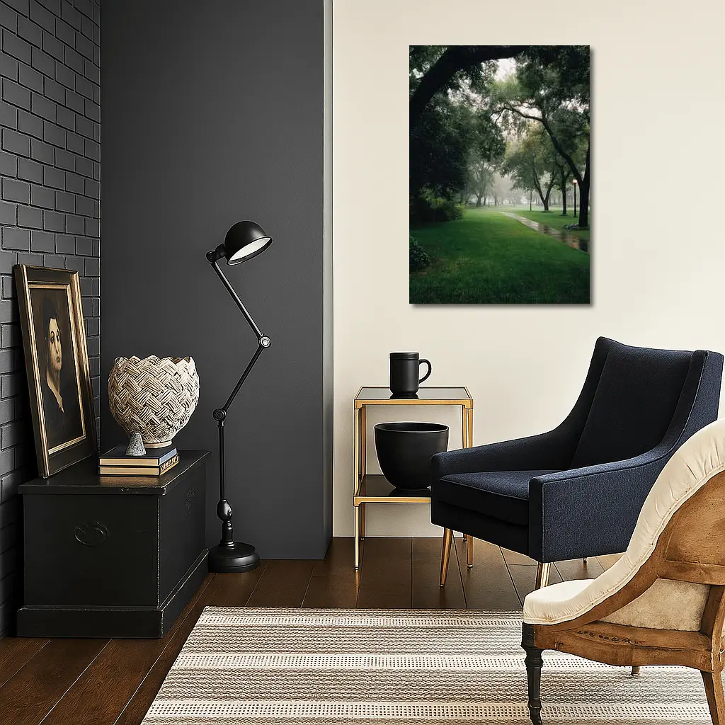 Rainy Park Path Through Green Trees – Wall Art