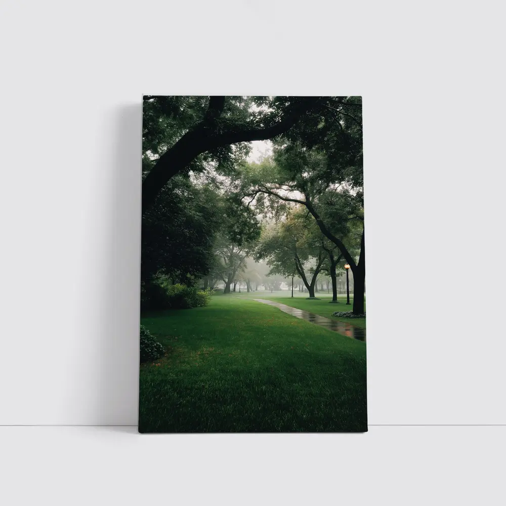 Rainy Park Path Through Green Trees – Wall Art