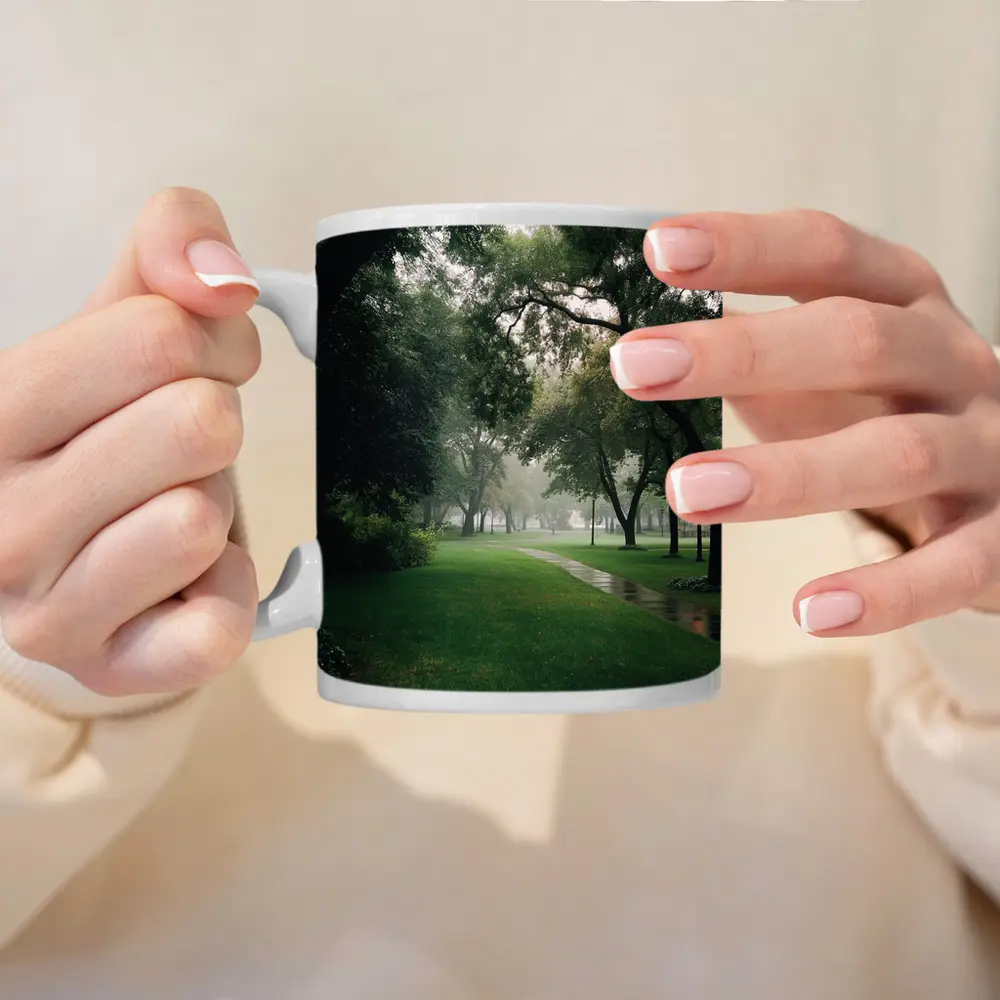 Rainy Park Path Through Green Trees – Mugs