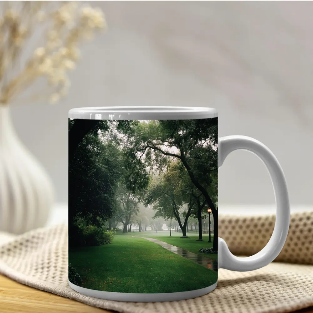 Rainy Park Path Through Green Trees – Mugs