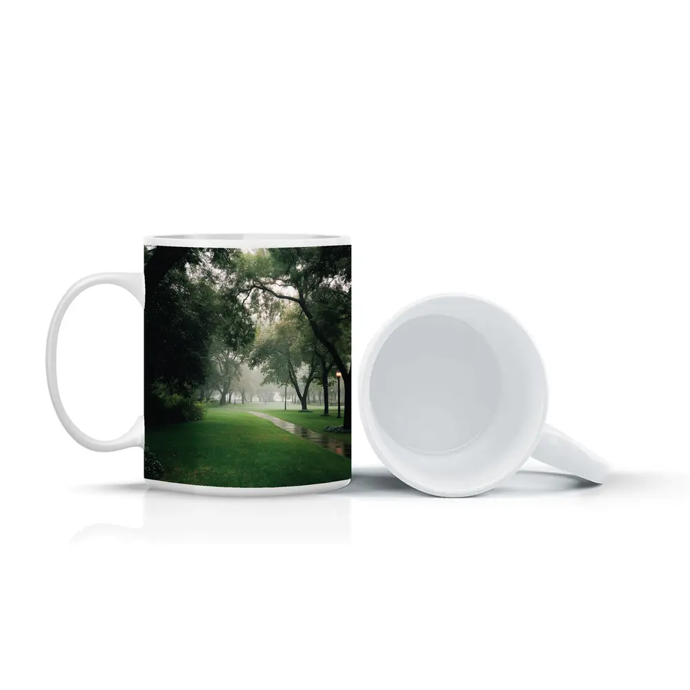 Rainy Park Path Through Green Trees – Mugs