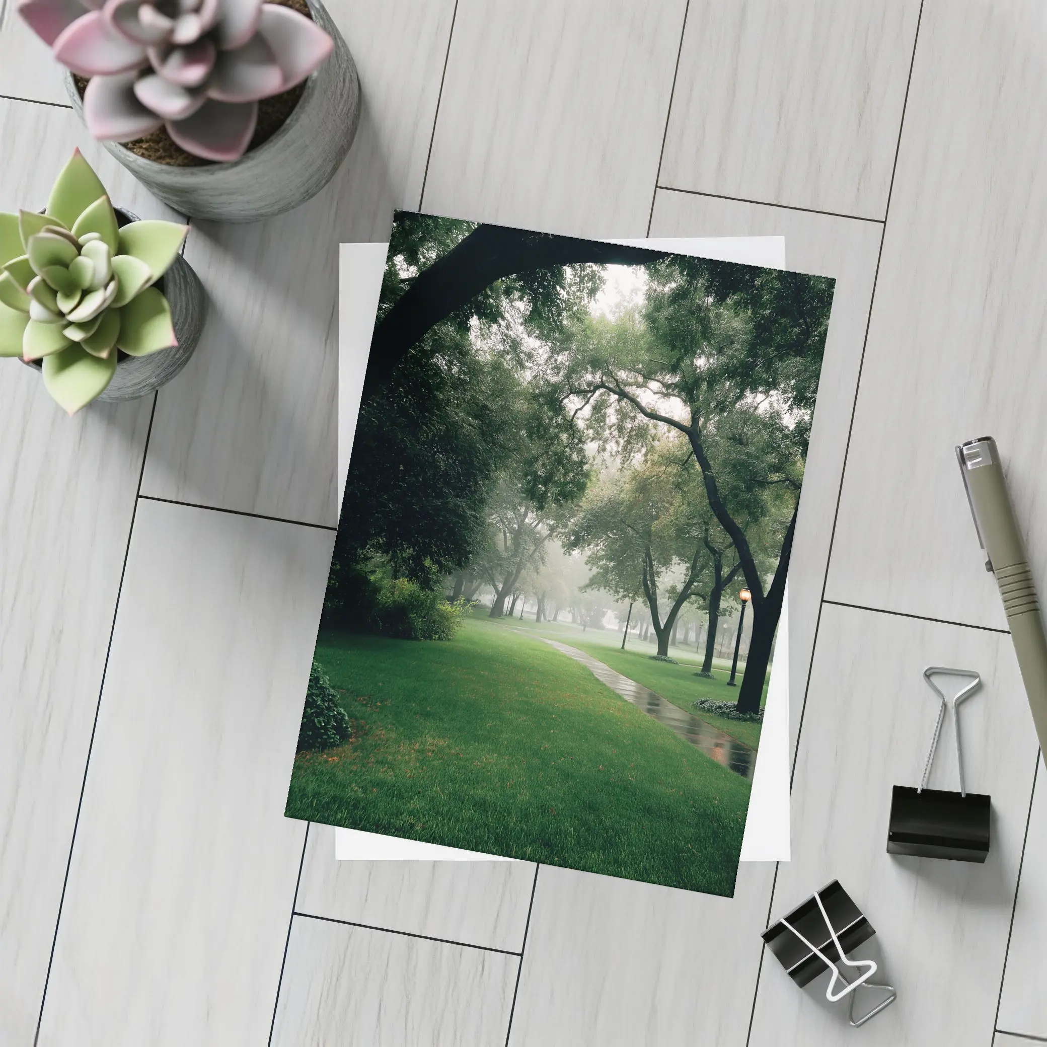 Rainy Park Path Through Green Trees – Postcards