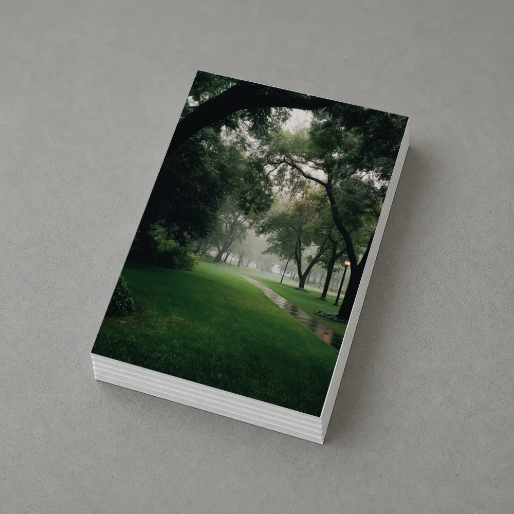 Rainy Park Path Through Green Trees – Postcards