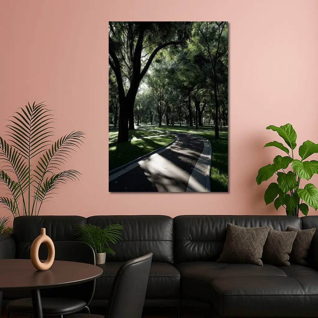 Shaded Park Path Through Tall Green Trees – Wall Art