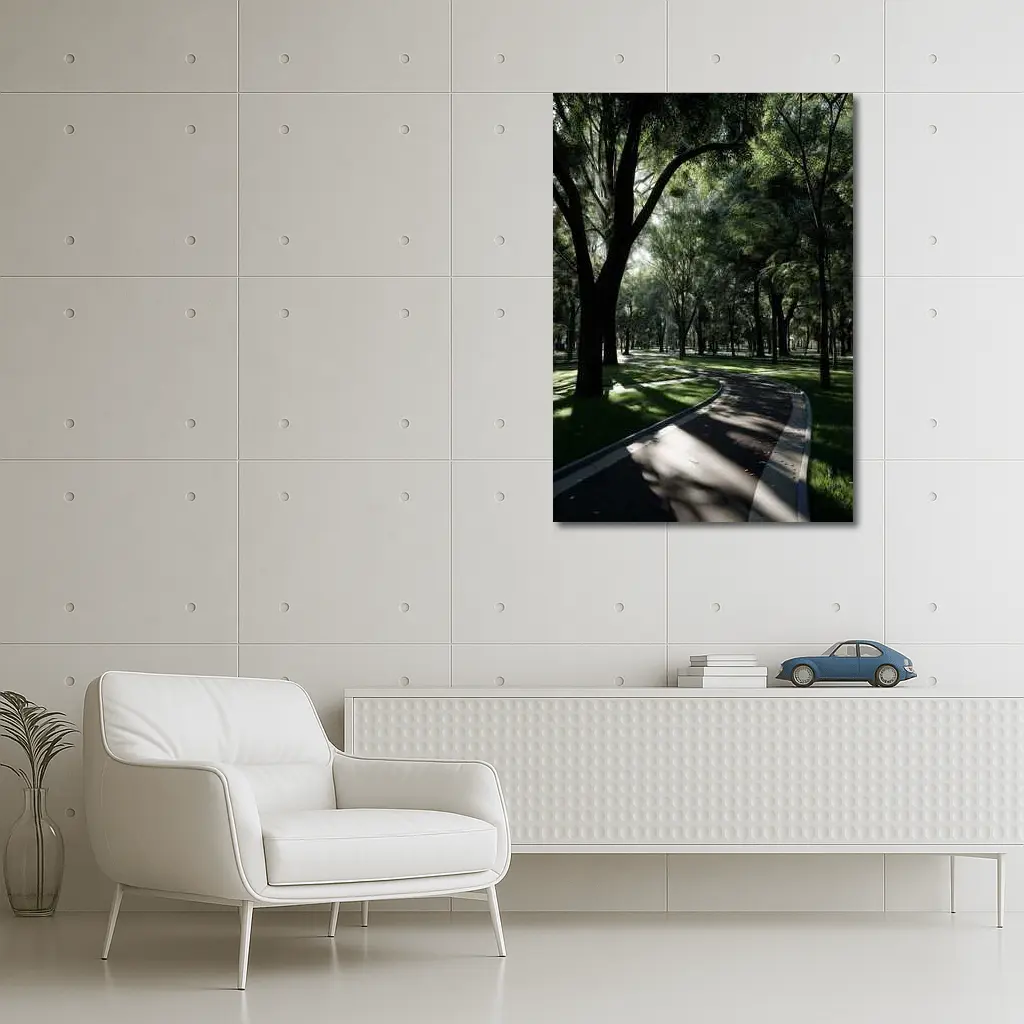 Shaded Park Path Through Tall Green Trees – Wall Art