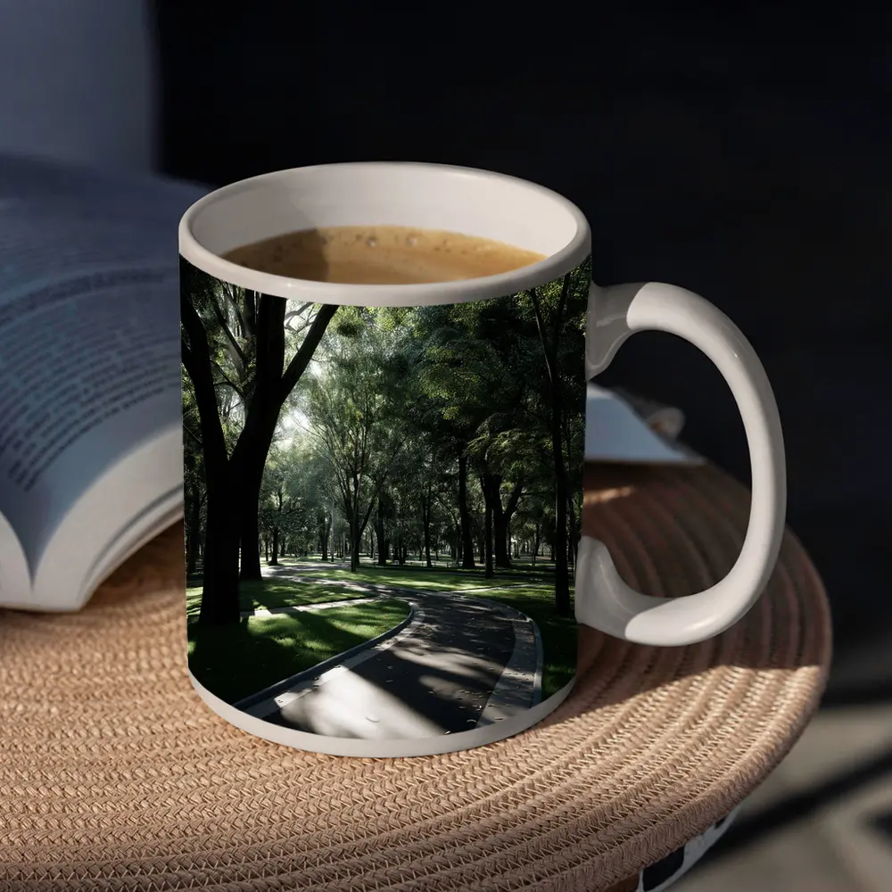 Shaded Park Path Through Tall Green Trees – Mugs