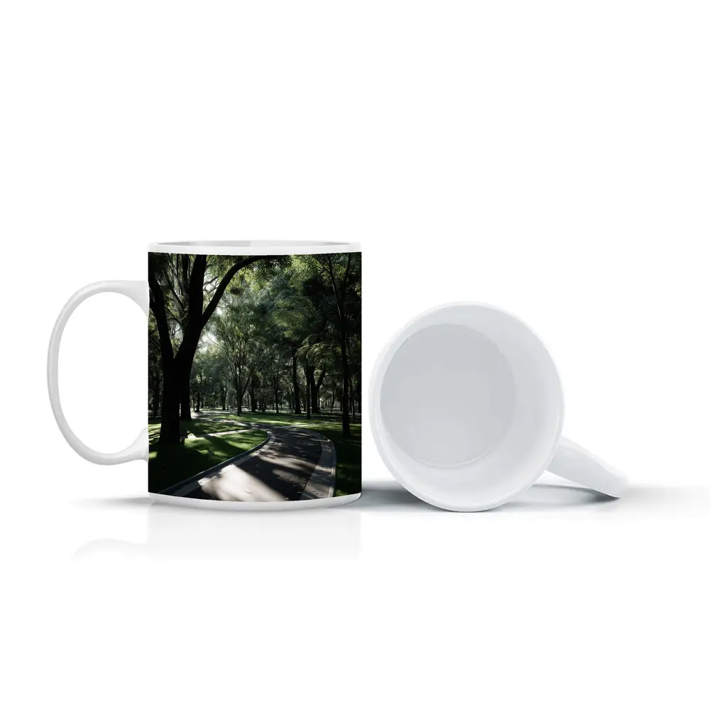 Shaded Park Path Through Tall Green Trees – Mugs