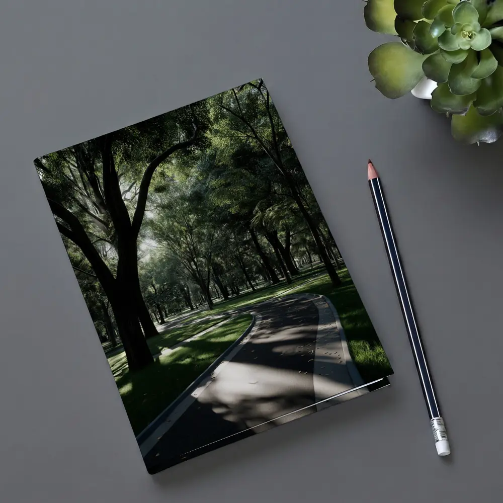 Shaded Park Path Through Tall Green Trees – Notebooks