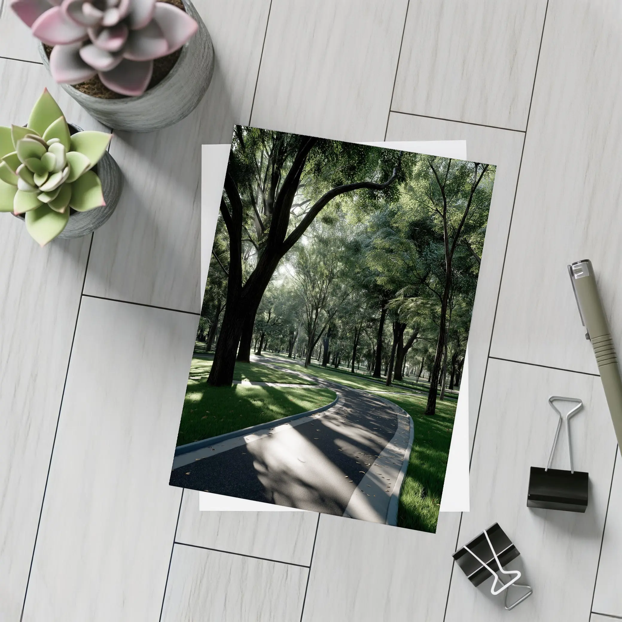 Shaded Park Path Through Tall Green Trees – Postcards
