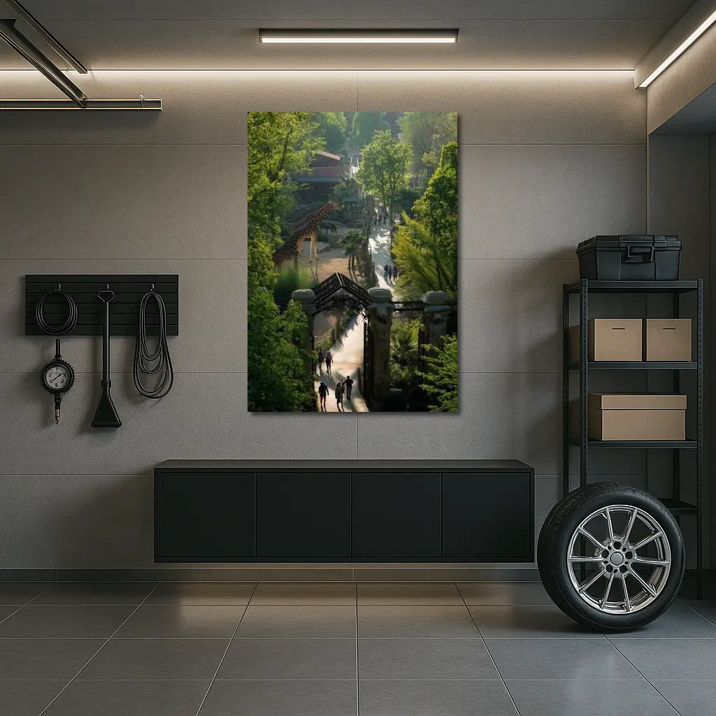 Giraffe At Zoo Gate Green Trees – Wall Art
