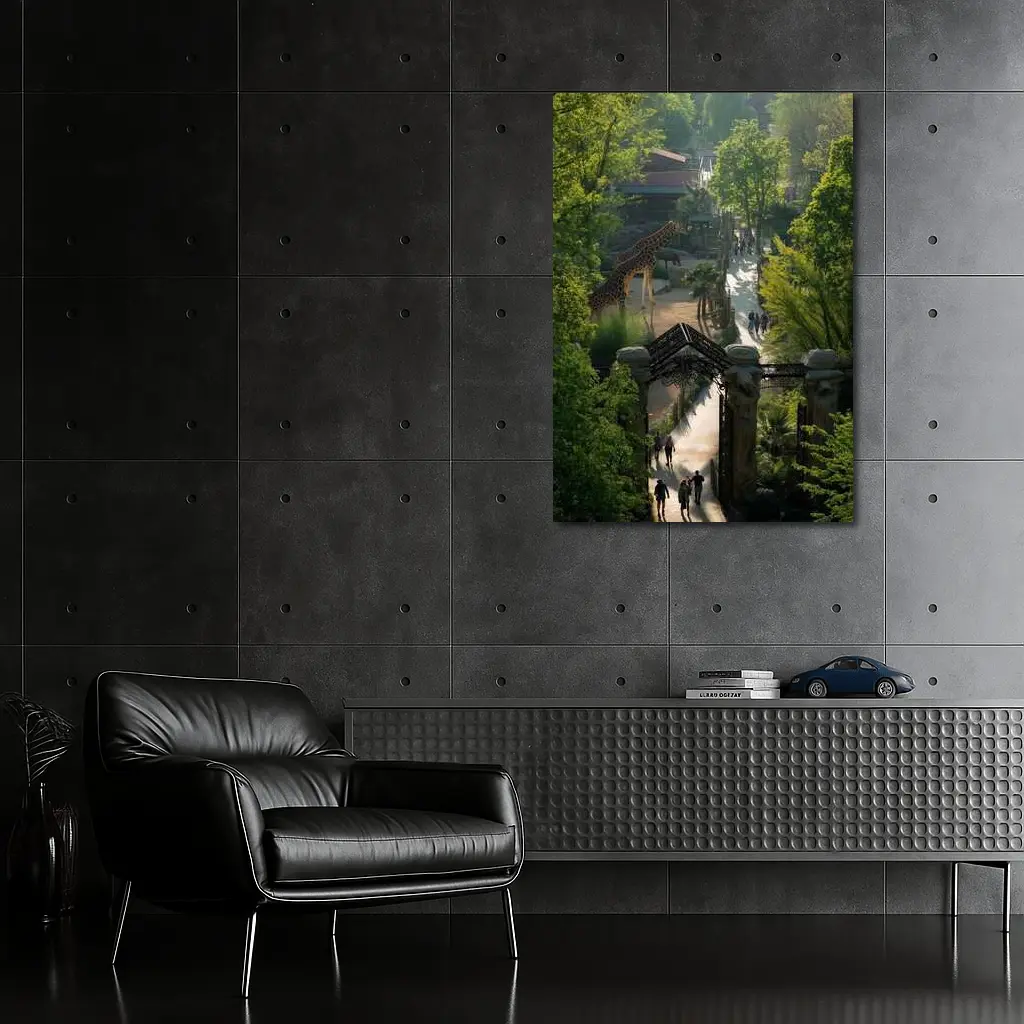 Giraffe At Zoo Gate Green Trees – Wall Art